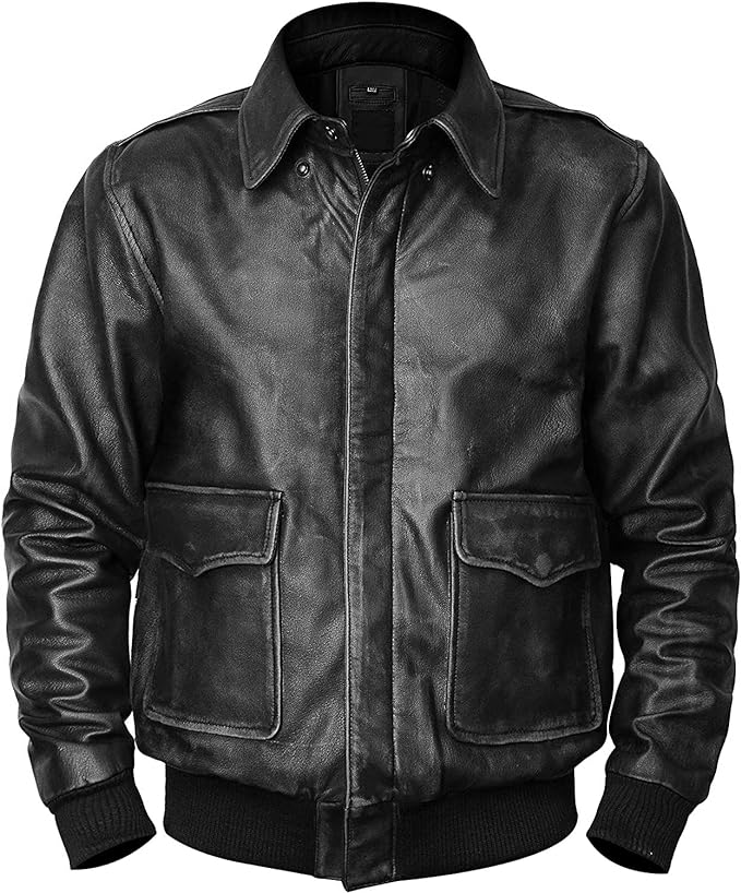 Men's New A-2 Flight Aviator Pilot Distress Black Bomber Genuine Leather Jacket