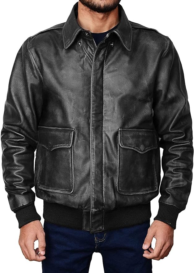 Men's New A-2 Flight Aviator Pilot Distress Black Bomber Genuine Leather Jacket