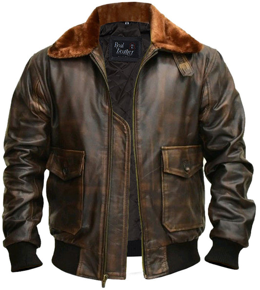 Men's A-2 Flight Aviator G-1 Distressed Brown Real Bomber Leather Jacket