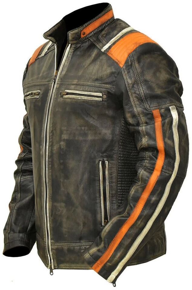 Men’s Retro 3 Cafe Racer Biker Vintage Motorcycle Distressed Real Leather Jacket