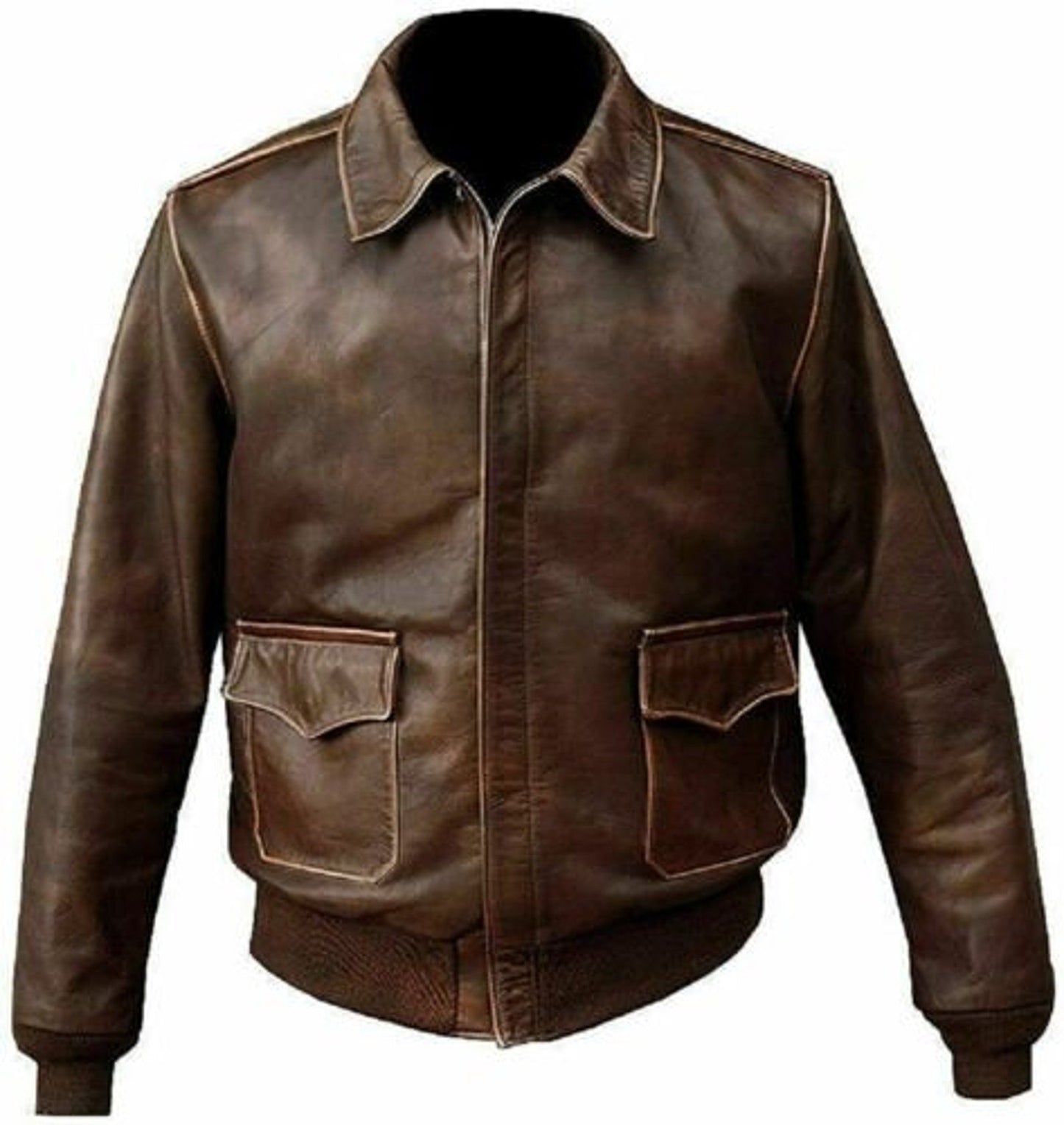 Men's Aviator A-2 Real Cowhide Distressed Leather Bomber Flight Jacket Vintage Brown