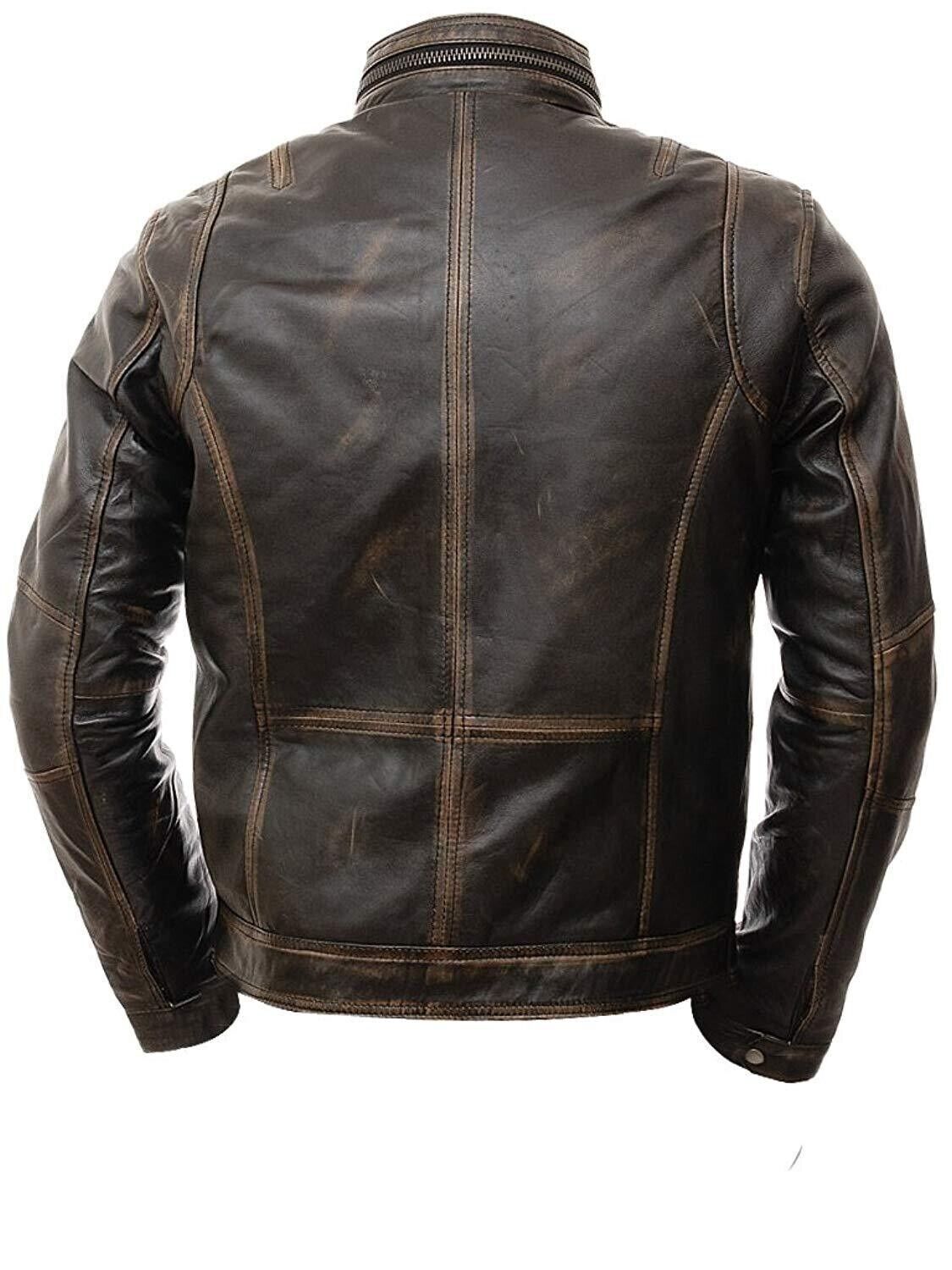 Men’s Motorcycle Biker Vintage Distressed Brown Cafe Racer Real Leather Jacket