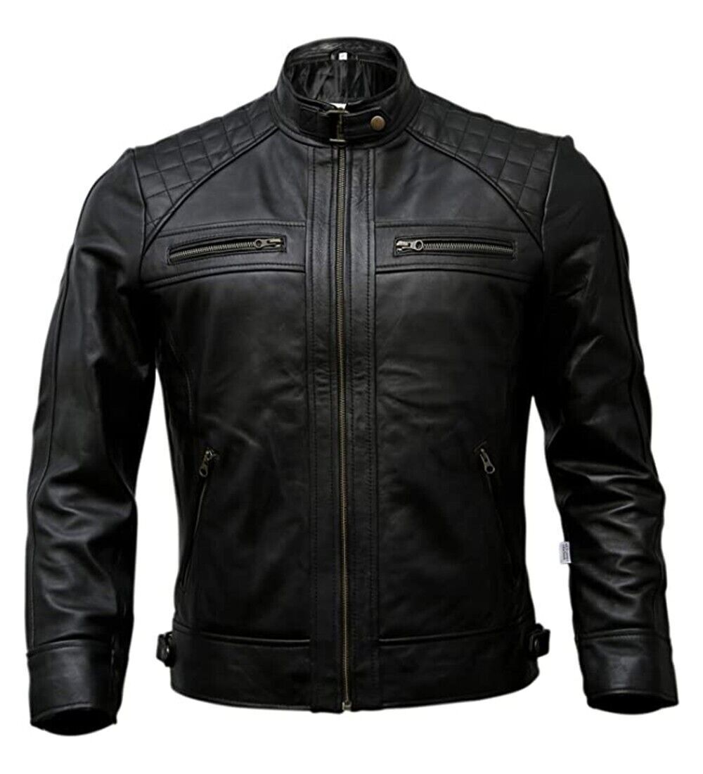 Men's Café Racer Biker Leather Jacket Black Motorcycle Genuine Leather