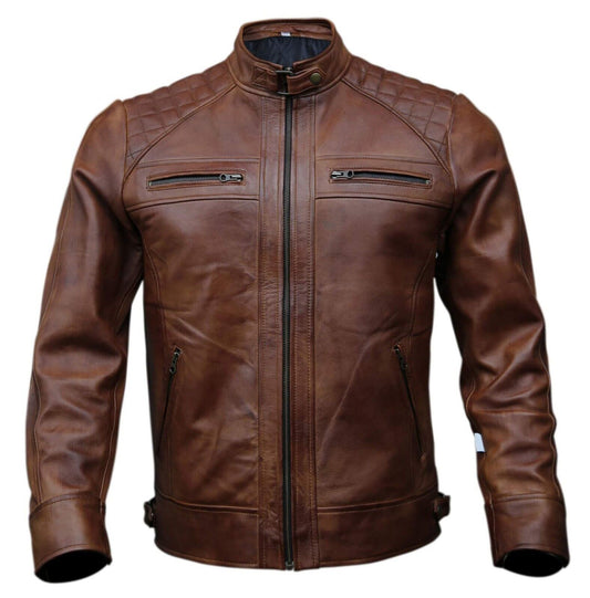 Men's Café Racer Biker Leather Jacket Brown Motorcycle Genuine Leather