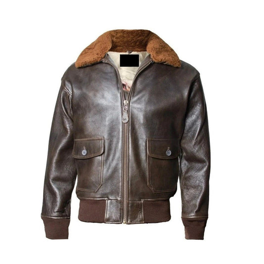 G1 Bomber Leather Jacket Detachable Fur Collar Brown Genuine Cowhide Leather Jacket