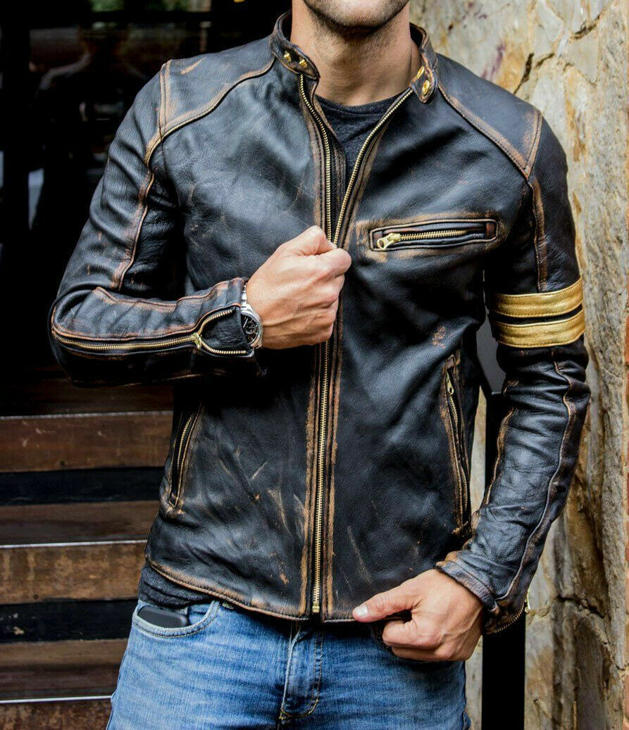 Men's Vintage Biker Black Motorcycle Distressed Cafe Racer Leather Jacket