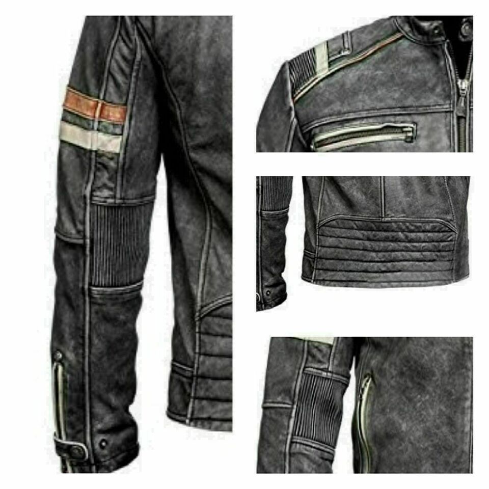 Mens Vintage Retro 2 Real Leather Biker Motorcycle Distressed Cafe Racer Jacket