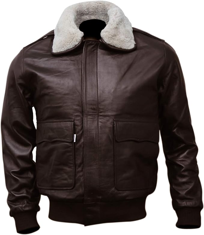 Men's A-2 Flight Bomber Leather Jacket with fur Collar