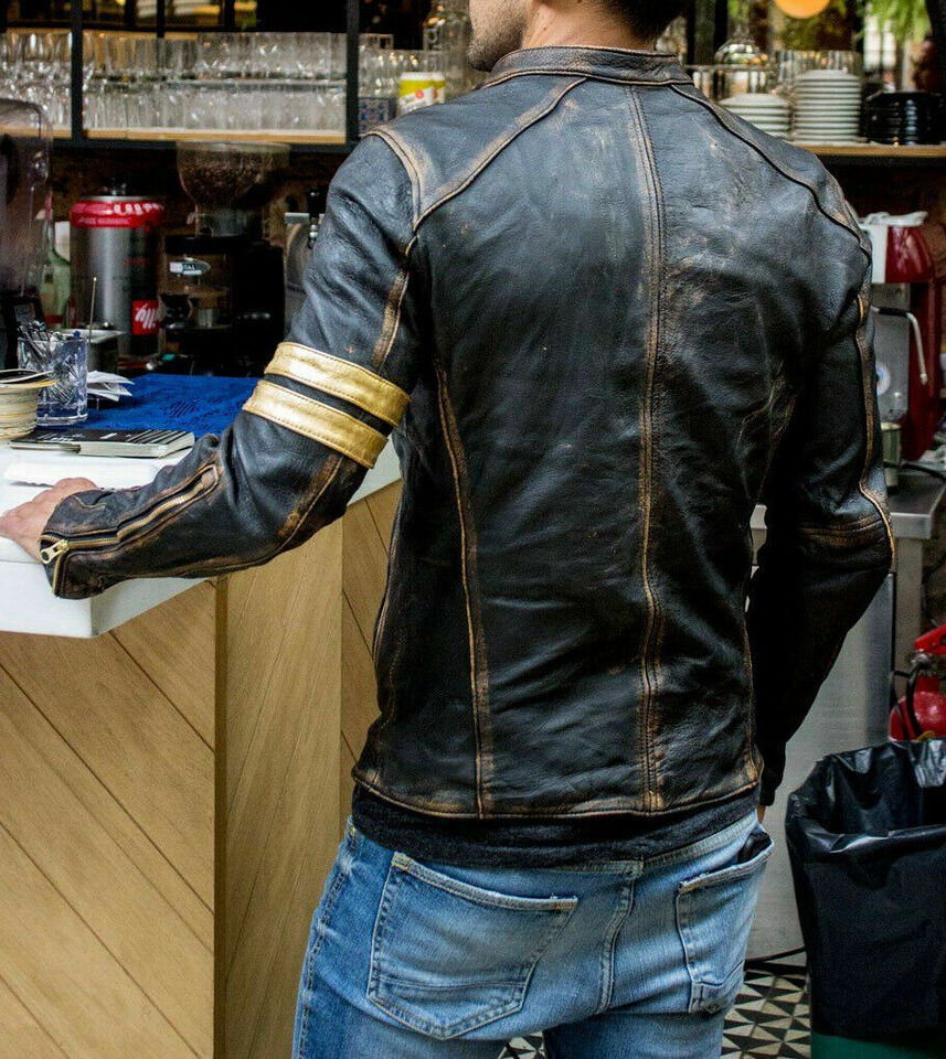 Men's Vintage Biker Black Motorcycle Distressed Cafe Racer Leather Jacket