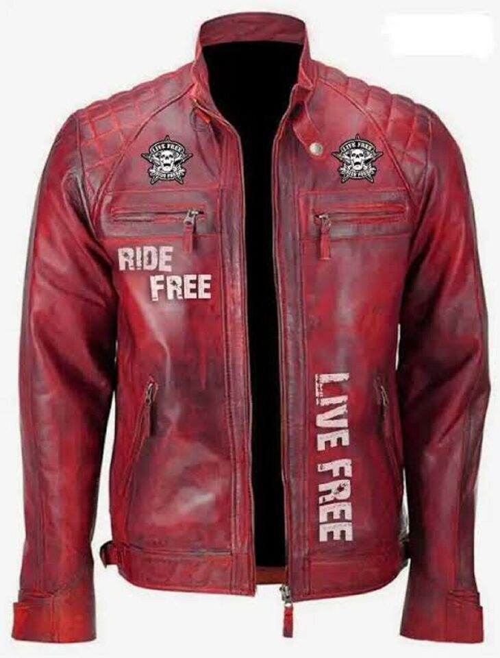 Mens Cafe Racer Black & Red Motorcycle jacket Ride Free Live Free New Arrival !!