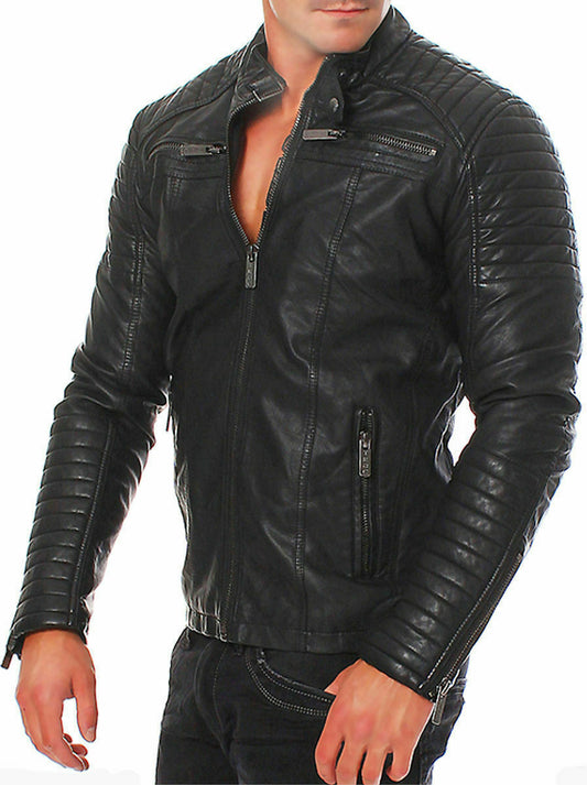 MENS VINTAGE CAFE RACER BLACK GENUINE LEATHER SLIM FIT REAL BIKER JACKET