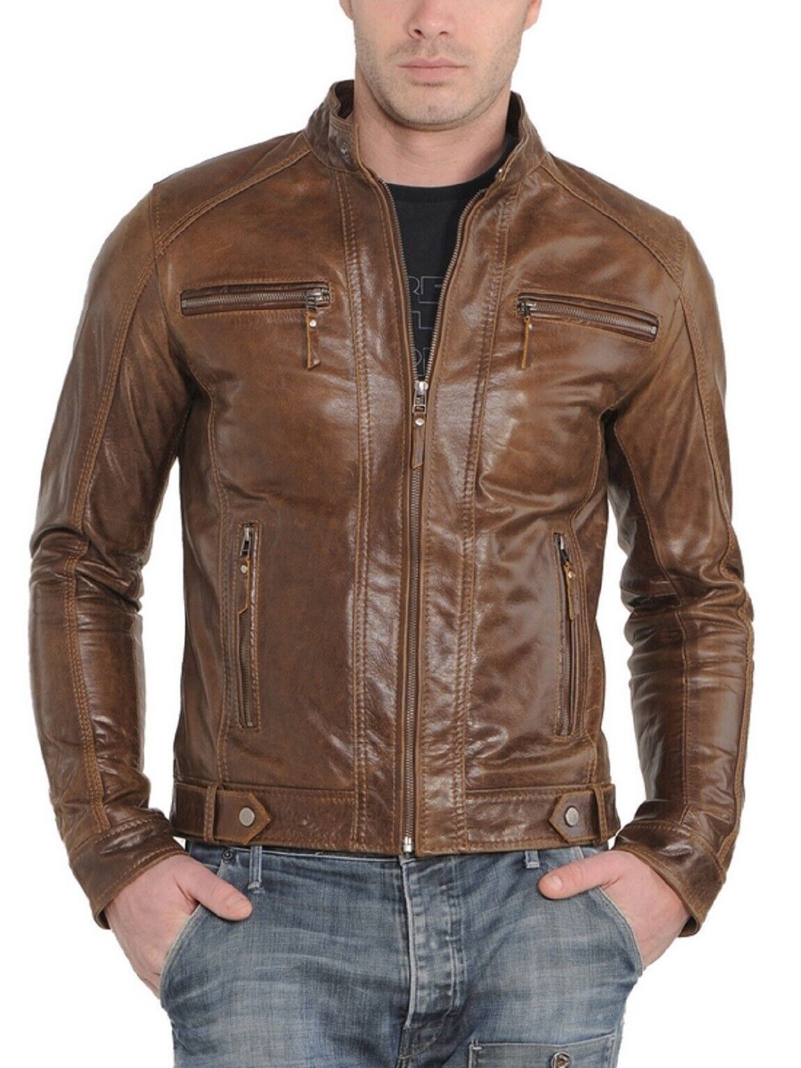 New Men's Real Brown Lambskin Leather Jacket Motorcycle Jacket