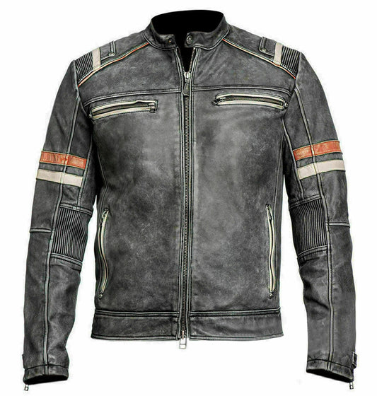 Mens Vintage Retro 2 Real Leather Biker Motorcycle Distressed Cafe Racer Jacket