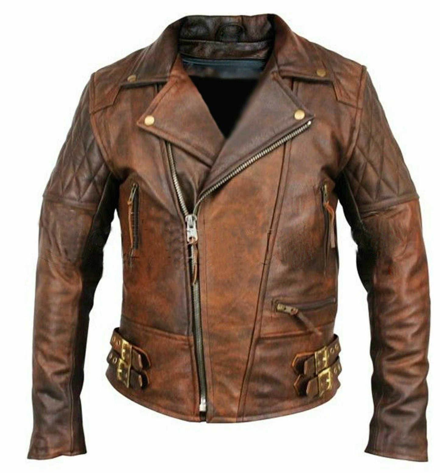 Mens Biker Motorcycle Vintage Distressed Brown Real Leather Jacket