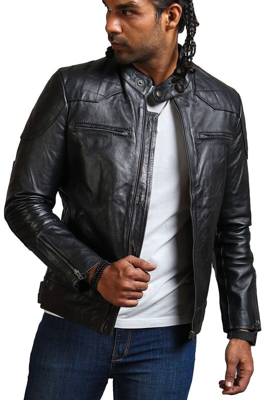 Apollo Leather Jacket Men Biker Stand Collar Snap Motorcycle Jacket Men