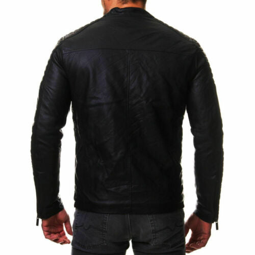 MENS VINTAGE CAFE RACER BLACK GENUINE LEATHER SLIM FIT REAL BIKER JACKET