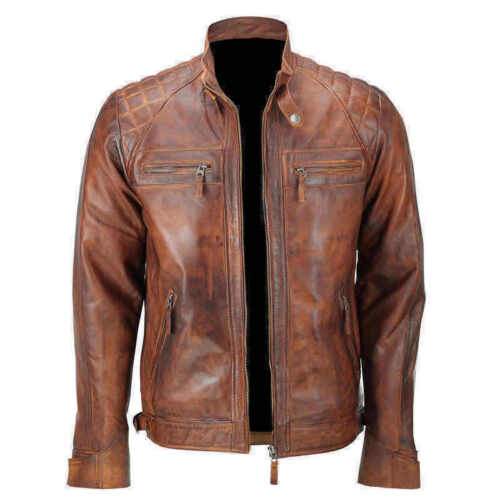 Mens Fitted Tan Brown Real Leather Biker Jacket Zipped Vintage Smart Casual Coat