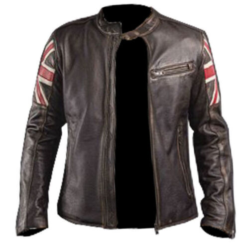 Mens Vintage UK Flag Distressed Brown Crossbones Skull Biker Leather Jacket