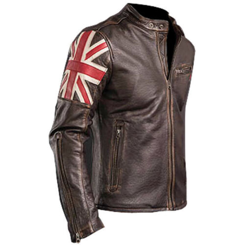 Mens Vintage UK Flag Distressed Brown Crossbones Skull Biker Leather Jacket